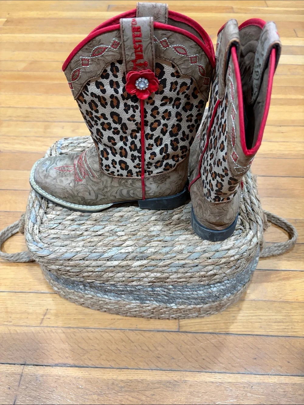Twister Leopard Print Kids Western Boots with Red Trim & Flower